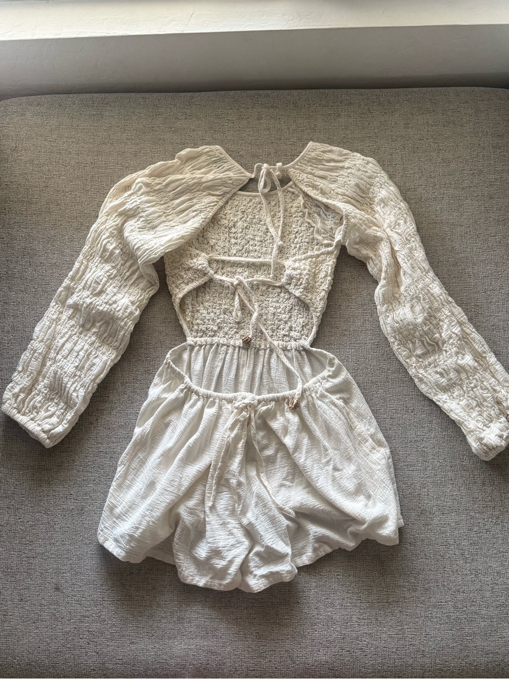 Free People Brandi Cream Smocked Tie-Front Long Sleeve Romper